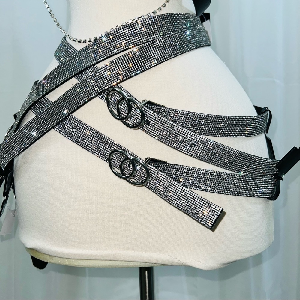 NEW Rhinestone Black Leather Belt with Adjustable length